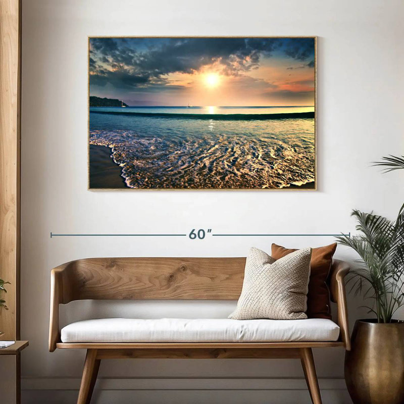 Grand coucher de soleil, Cadre flottant en bois naturel, 46 po x 31 po