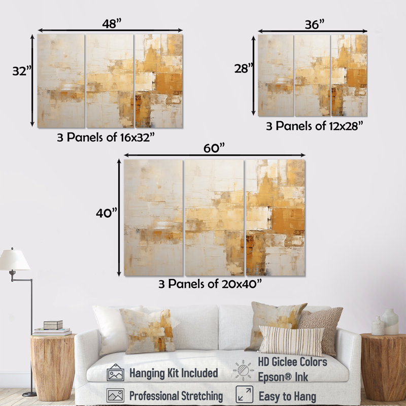 Minimalisme beige horizon I - ensemble d'art mural abstrait, Toile tendue, H 40 po x l 60 po x P 1 po