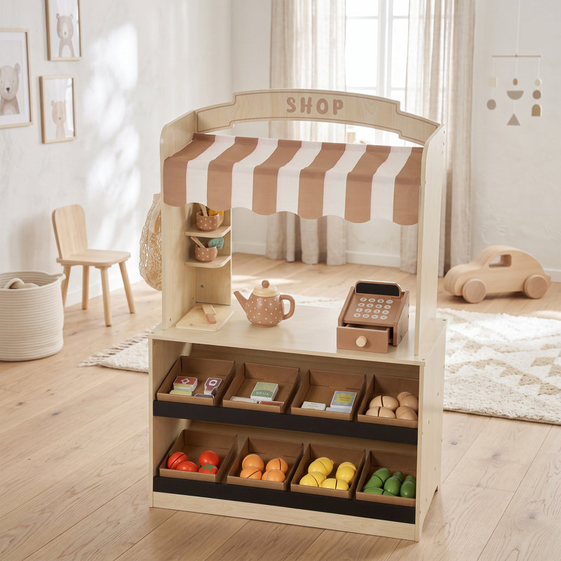 AIYAPLAY Pretend Play Shop Wooden Kids Grocery Store Playset with Play Food