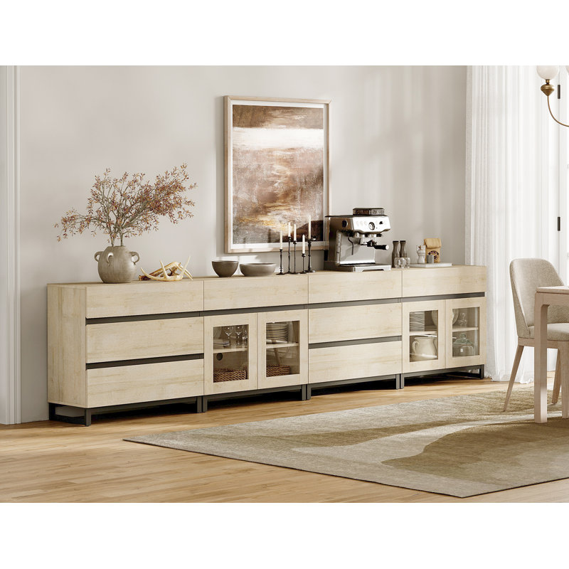 4 In 1 Multifunctional Sideboard Buffet Cabinets With Glass Doors And 8 Drawers, Modern Sideboard Credenza With Adjustable Shelf And Metal Base, Coffee Bar Cabinet Storage Cabinet For Kitchen