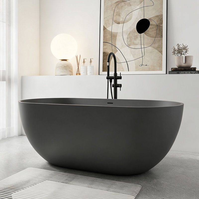 Oval Solid Surface Bathtub, Freestanding Soaking Bathtub, Dark Gray