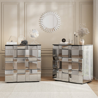 Table de chevet à miroir géométrique de luxe avec tiroirs de rangement multiples, table d'appoint moderne en verre réfléchissant argenté, armoire d'appoint en miroir pour chambre à coucher glamour, ensemble de 2