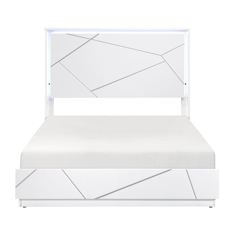 Brielle Modern Gloss White Geometric Panel Bed with Touch-Activated LED Headboard, King