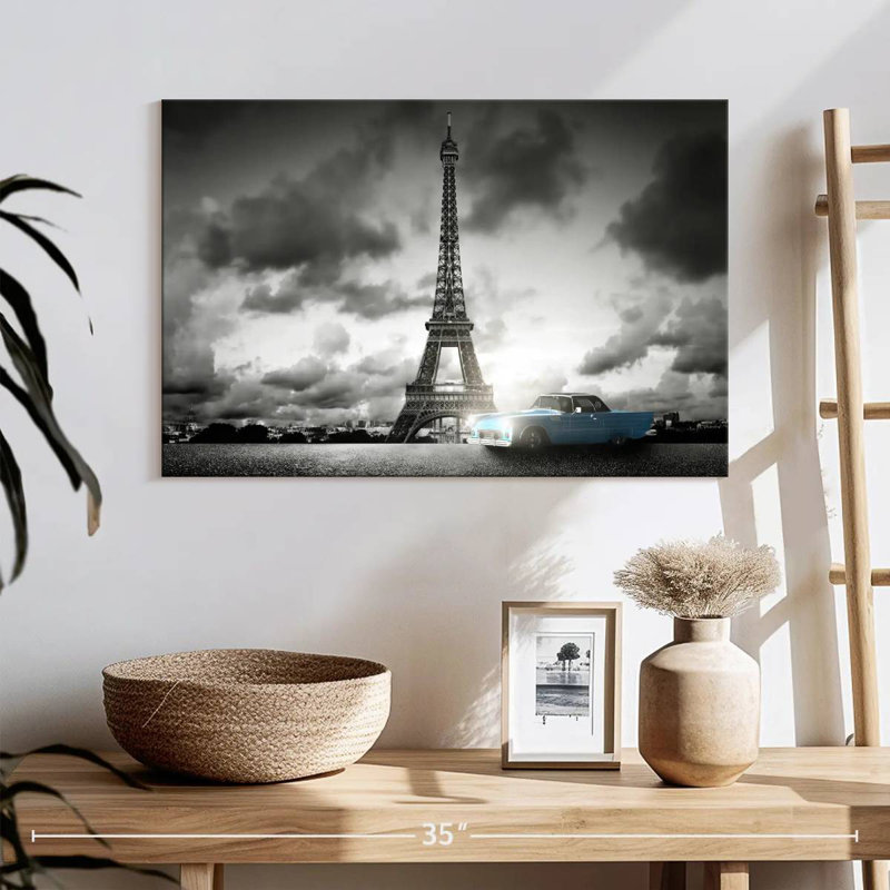 Ravi voiture rétro et Eiffel à Paris, H 32 po x l 48 po