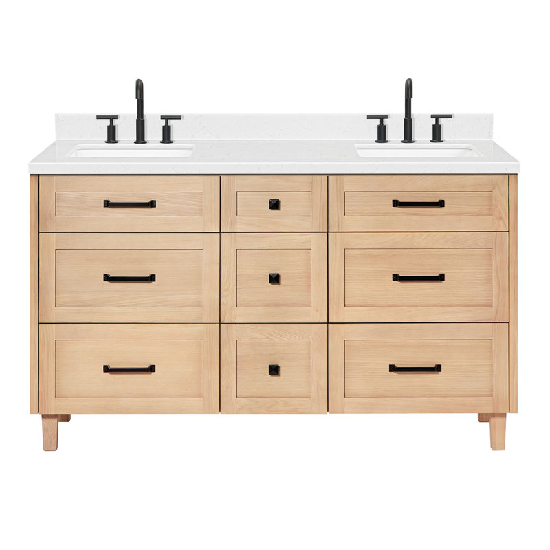 Ariel Monroe 60 Inch Double Rectangular Sink Bathroom Vanity With Carrara White Quartz Countertop, Gray