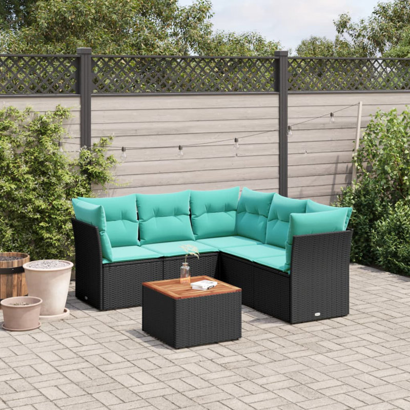  Ensemble de canapé de patio 6 pièces avec coussins en rotin de polyester noir