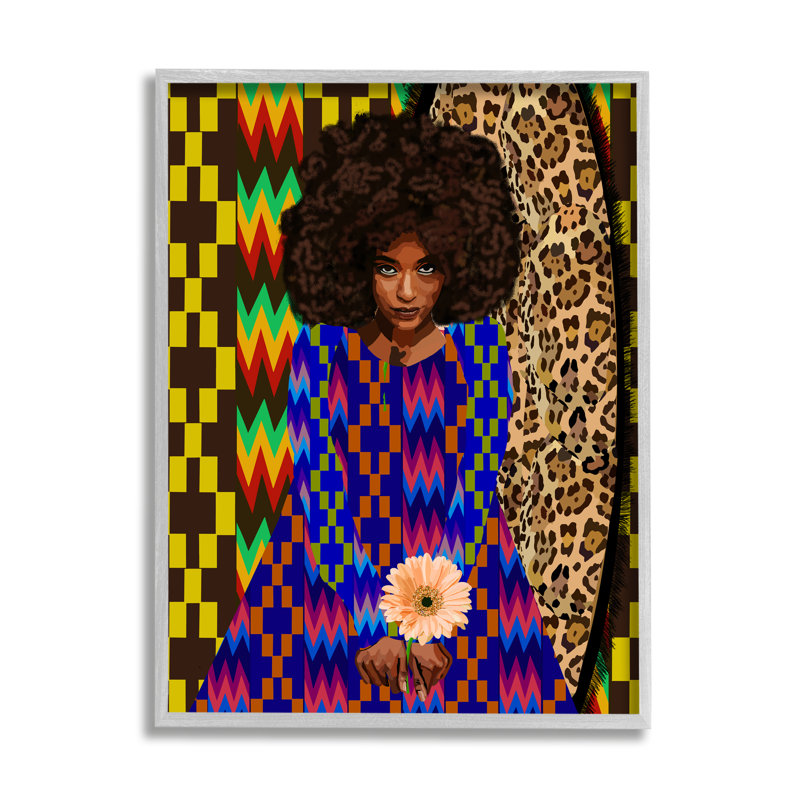 Léopard en zigzag avec motif abstrait femme tenant une fleur par Lynnda Rakos - impression, H 20 po x l 16 po x P 1,5 po