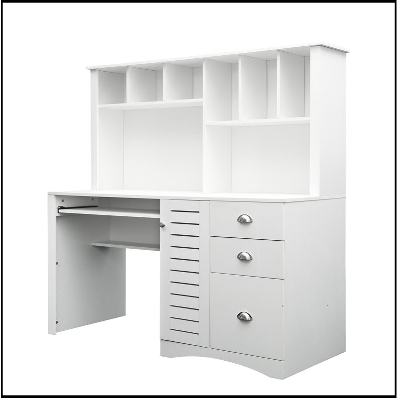 Antiqued Finish Home Office Computer Desk with Hutch and Ample Storage, Perfect for Organized Workspaces.
