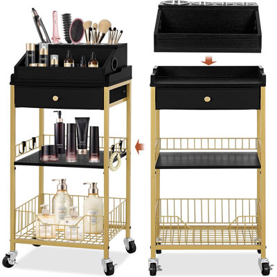 Large Rolling Makeup Organizer Cart With Detachable Hair Tool Holder, 2-In-1 Vanity Storage System With Drawer And Display Shelves For Cosmetics, Skincare, Perfume, And Beauty Tools