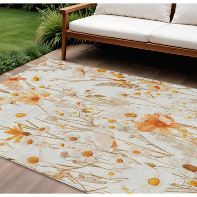 9' X 12' Ivory And Beige Floral Washable Indoor Outdoor Area Rug