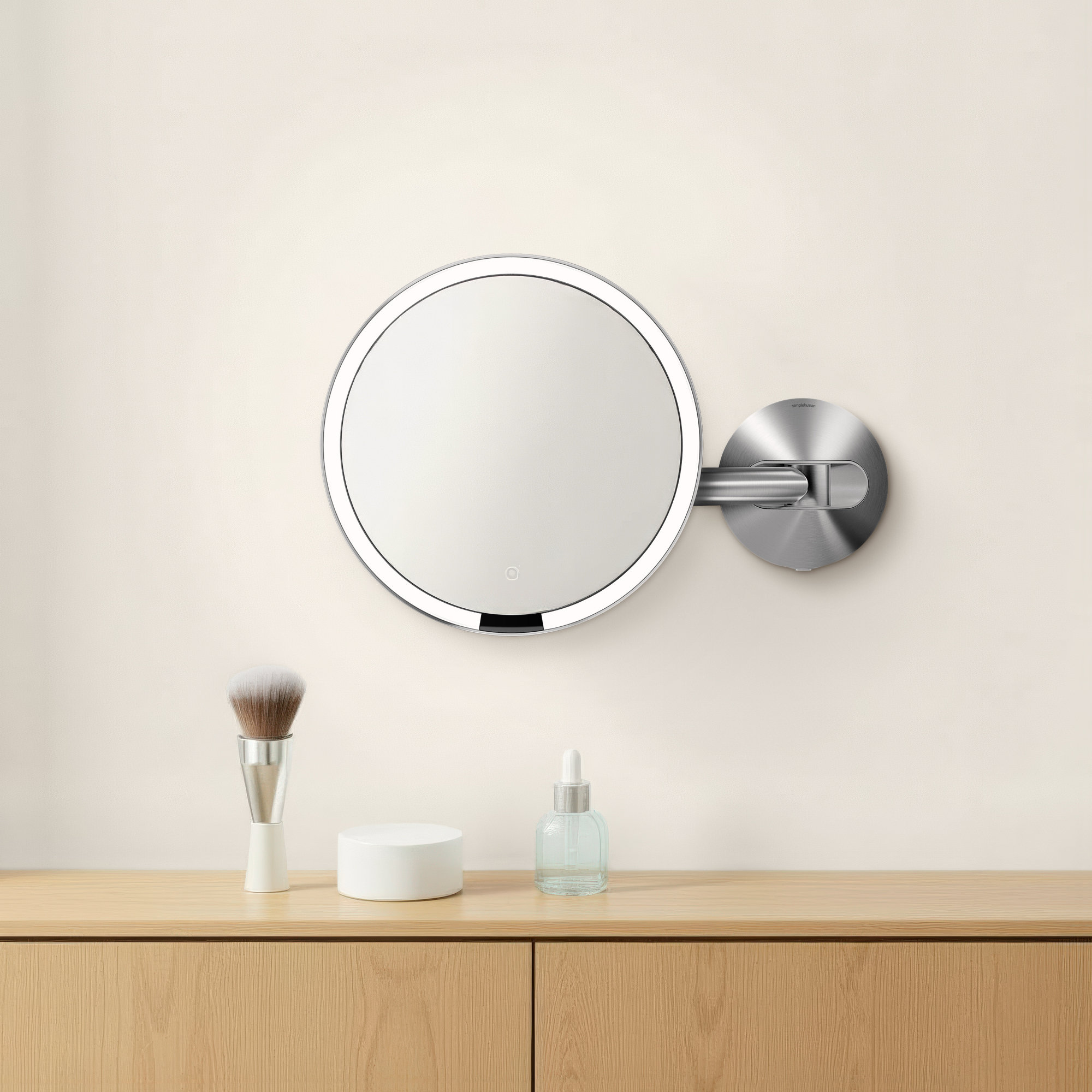 Simplehuman Brushed 8" Round Wall Mount Sensor Makeup Mirror, 5x Magnification, Hard-Wired, Brushed Nickel