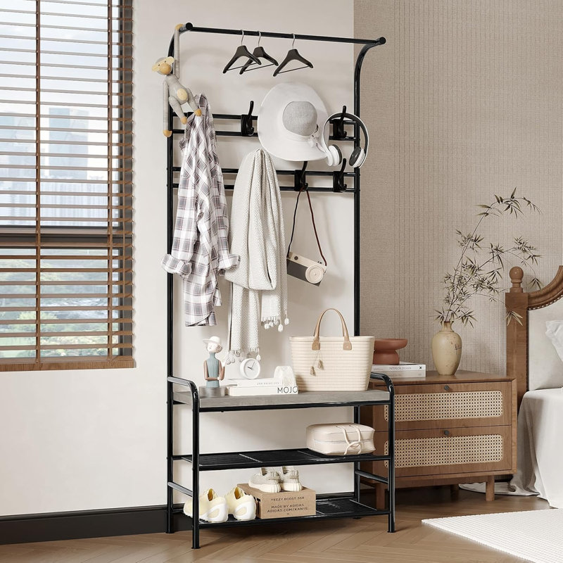 4-in-1 Hall Tree with Bench, 8-Hook Coat Rack & Shoe Storage for Entryway, Small Spaces & Apartments, Gray
