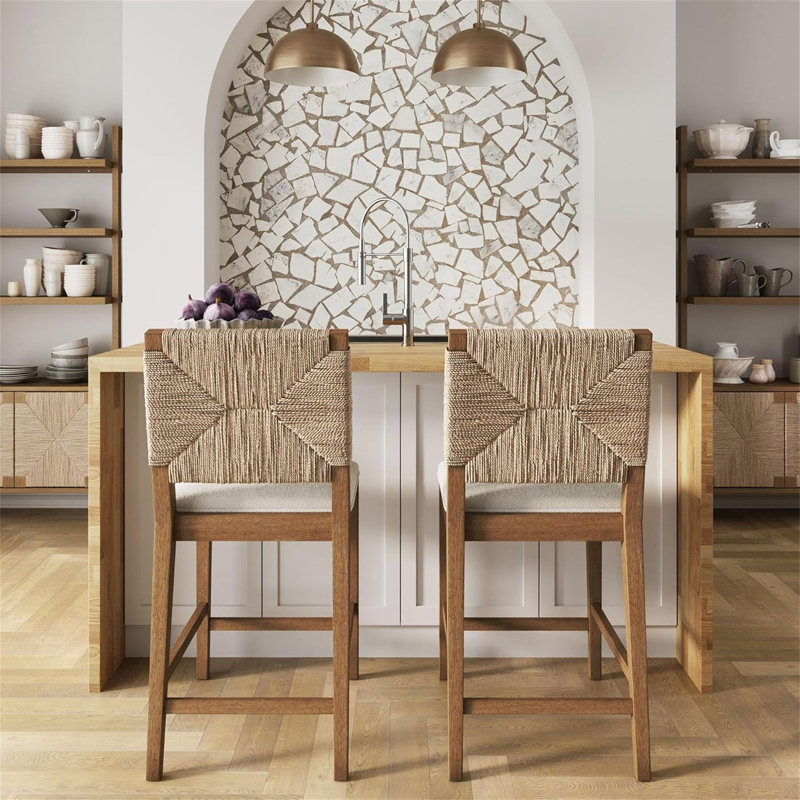 Ensemble de 2 tabourets de bar en bois massif de style bohémien avec structure en bois massif et dossier tissé pour îlot de cuisine