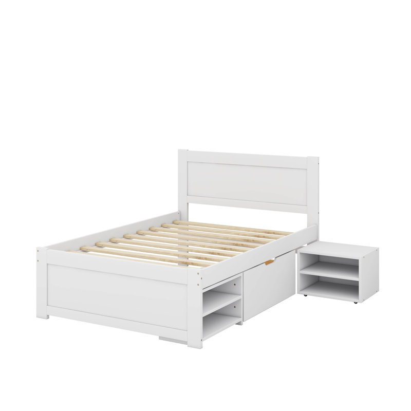 Lit plateforme simple avec tiroir et tablettes, Blanc