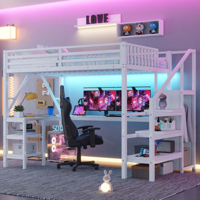 Lit mezzanine double en métal avec garde-robe et lumière DEL, lit mezzanine double avec bureau en forme de L et port USB pour enfants, adolescents, adultes, blanc