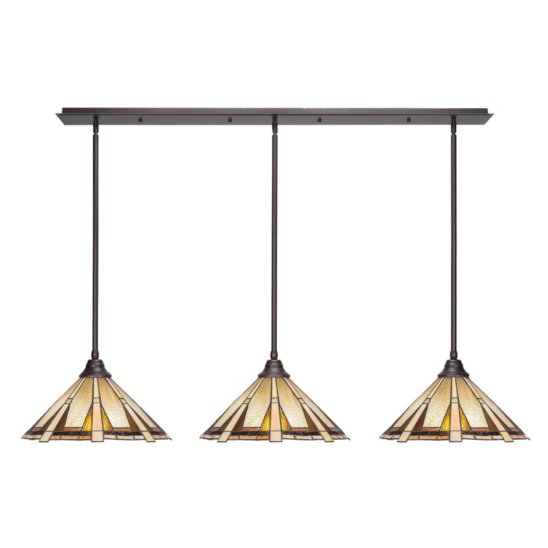 3 Light Stem Hung Linear Pendalier Shown In Dark Granite Finish With 16" Zion Art Glass