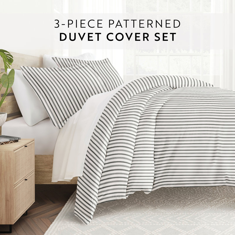 Gray and White Striped Microfiber King/California King Duvet Cover Set