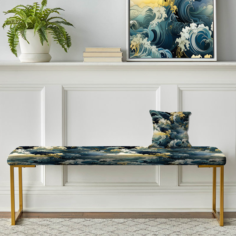 Hokusai Japanese Waves Pattern - Coastal Upholstered Gold Bench