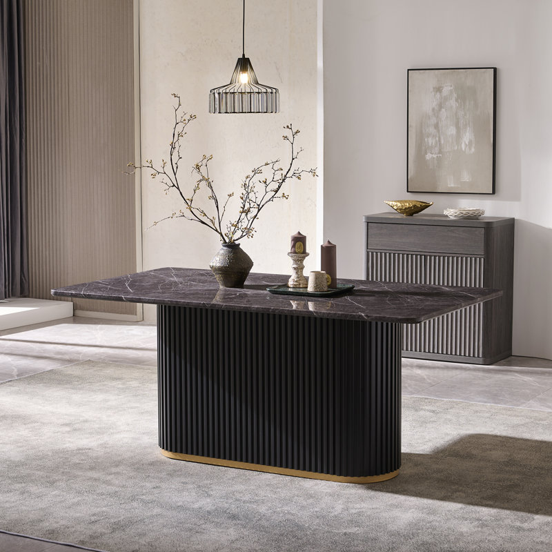 Table de salle à manger en faux marbre pour 6 personnes, avec base en métal, Gris