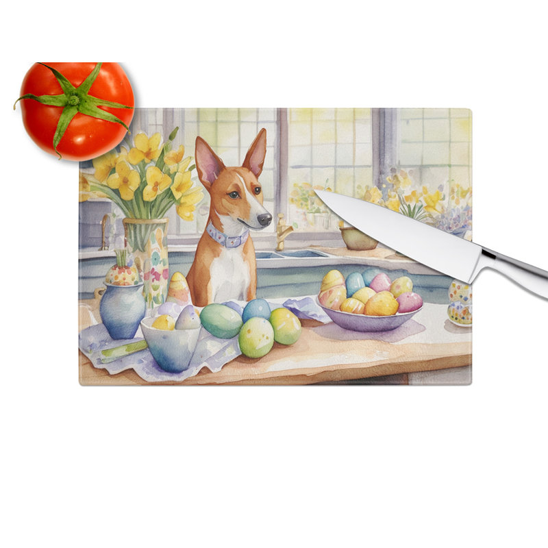 Decorating Easter Basenji Glass Cutting Board