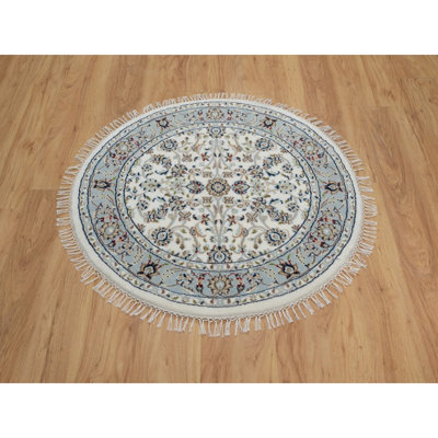 Tapis oriental rond 3 pi 1 po x 3 pi 1 po Nain avec motif floral sur toute la surface, 250 KPSI, laine et soie noué à la main, velours doux, rond