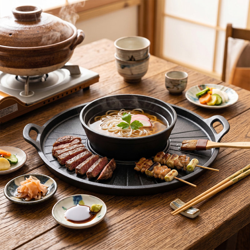Ensemble de deux pièces en fonte comprenant un chaudron, une poêle et une plaque de cuisson. Convient aux plaques à induction, aux cuisinières à gaz, aux fours et aux plaques électriques.