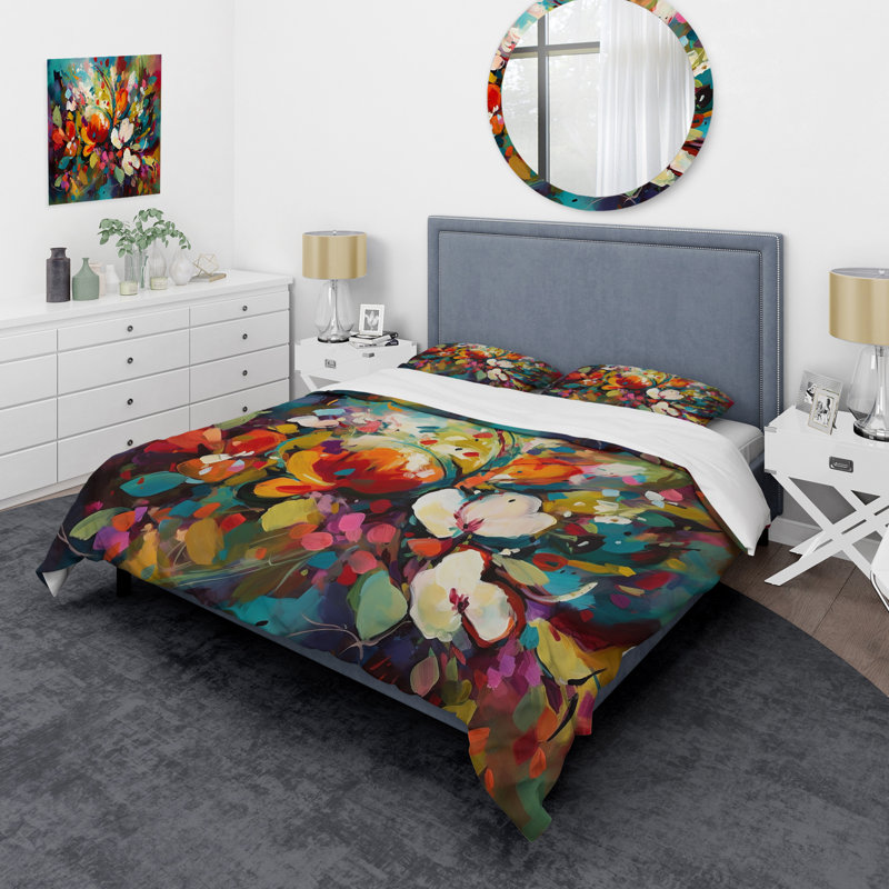 Ensemble de housse de couette Red Vibrant Garden Symphony III - Floral, Housse de couette pour grand lit et 2 taies décor