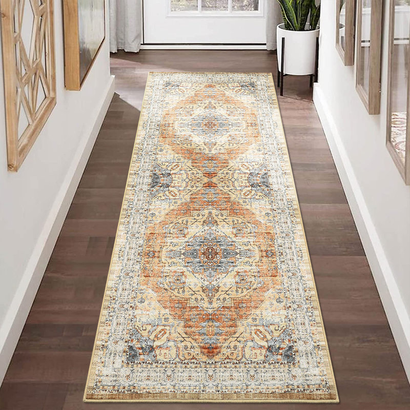Oriental Machine Washable Rug for Living Room Bedroom Vintage Non-Slip Rug with Rubber Backing for Hallway Playroom Office Kitchen Dining Room Dorm and Bedside Decor