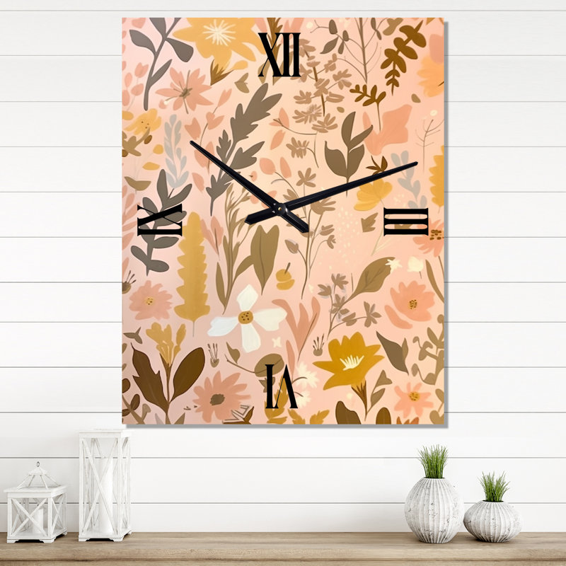 Horloge murale graphique avec fleurs rétro au pastel rétro - botanique abstraite, Petit