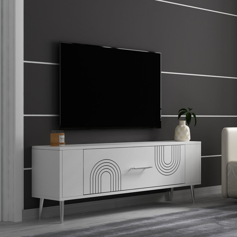 Meuble télé moderne avec option de fixation murale Catena, blanc et argent, 47,2 po x 19,0 po x 10,4 po | Panneau de particules 100% enduit de mélamine | Tablette spacieuse: 34,1 po x 11,4 po | Conception géométrique élégante, parfaite pour tout salon
