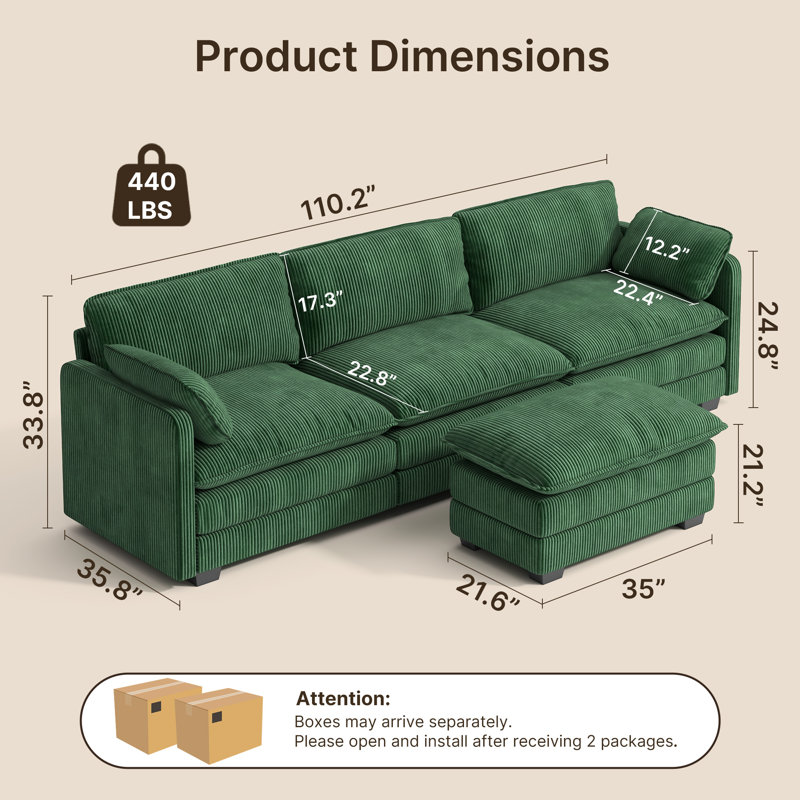 3-Seat Corduroy Sofa Sleeper, Sectional Sofa Comfy Cloud Couch with Movable Ottoman & Arm Pillows for Living Room, Green 
