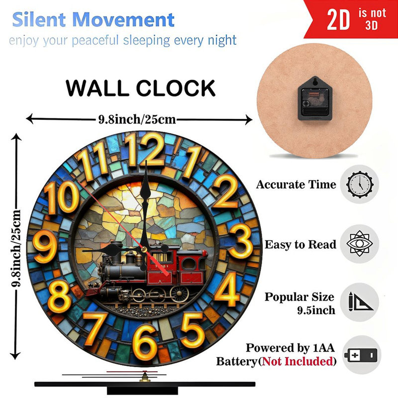 Horloge murale 10 po en MDF rond avec mouvement à quartz silencieux et crochet sans perceuse (piles AA non incluses)
