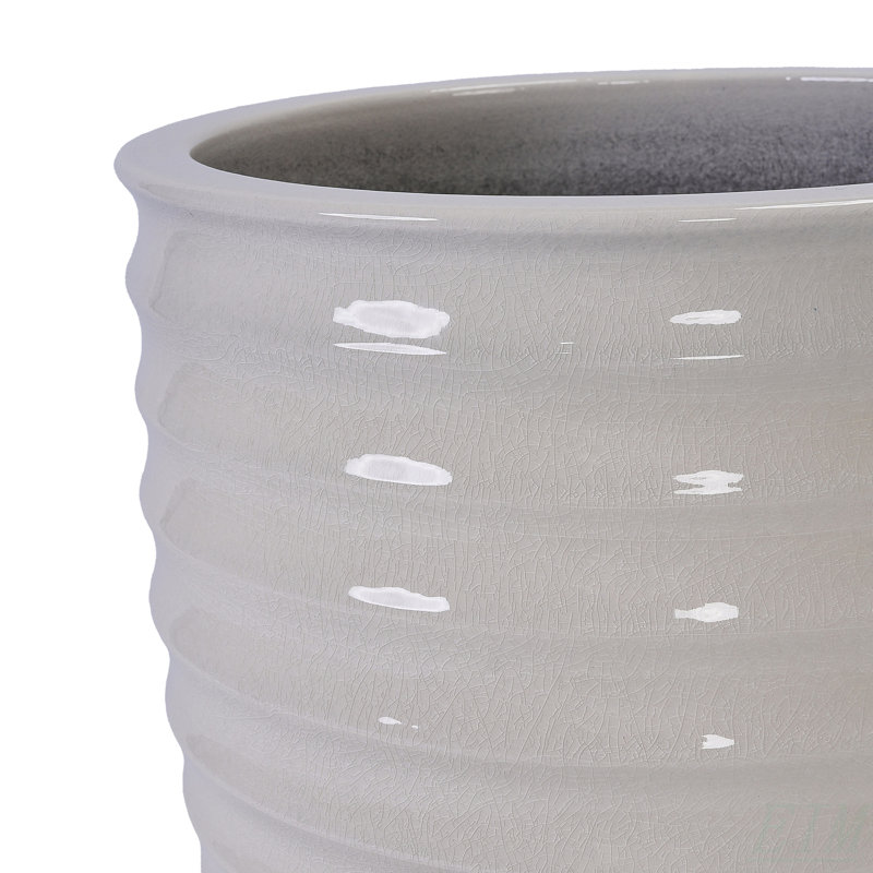 Handmade White Ceramic Planter, 17" Diameter, 1 Piece, Horizontal Ripple & Ice-Crack Pattern, For Monstera And Fiddle Leaf Fig, Indoor & Outdoor Doorway Use, Breathable Clay