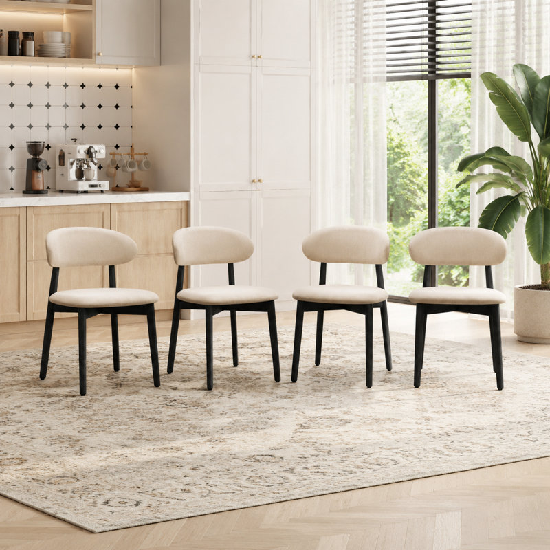 Mid Century Modern Dining Chairs With Brown Solid Wood Legs, Beige Kitchen Chairs, Black, 4