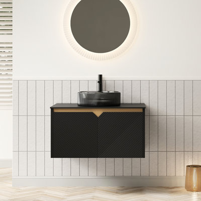 30" Bathroom Vanity With Wall - Mounted Floating Plywood Storage, Twill Double Doors. Transparent Black Round Glass Basin Artistic Stripes, Sintered Stone Top. Soft Close System For Long Term Use