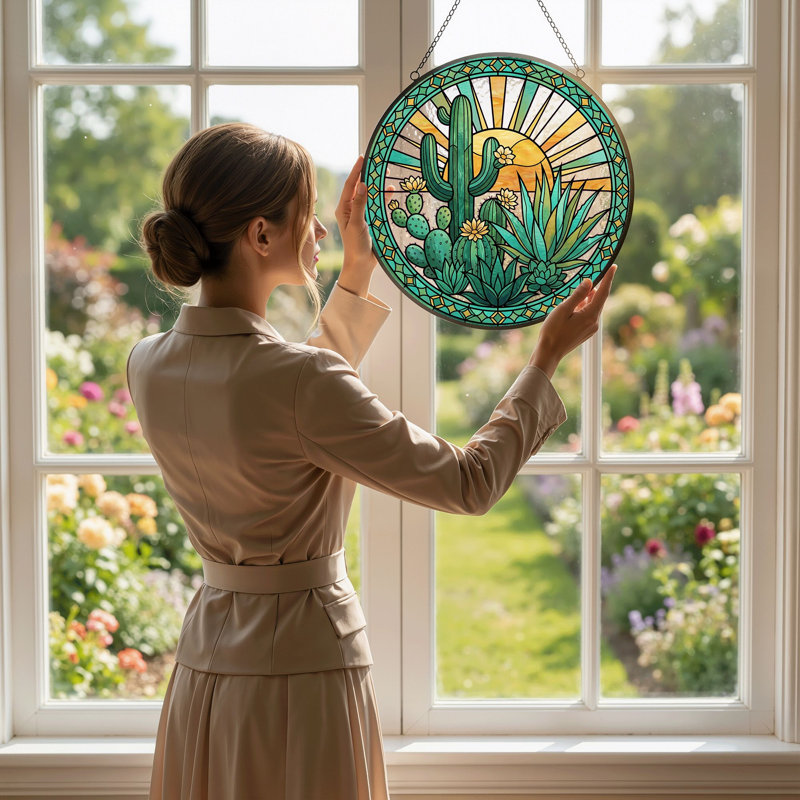 Desert Sunset Stained Glass Window Panel，7.8H, 7.8"H