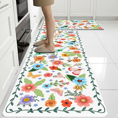 Flower Kitchen Rugs Set Of 2 - Multi - Anti-Fatigue, Rubber Backing, Non-Slip, Washable, Cushioned Carpet For Sink/Laundry