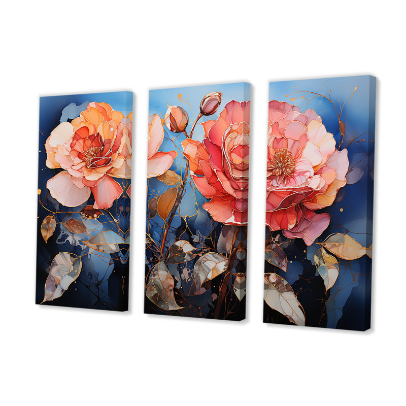 Coral Roses Gilded Opulence - Ensemble d'art mural sur toile Roses, H 28 po x l 36 po x P 1 po