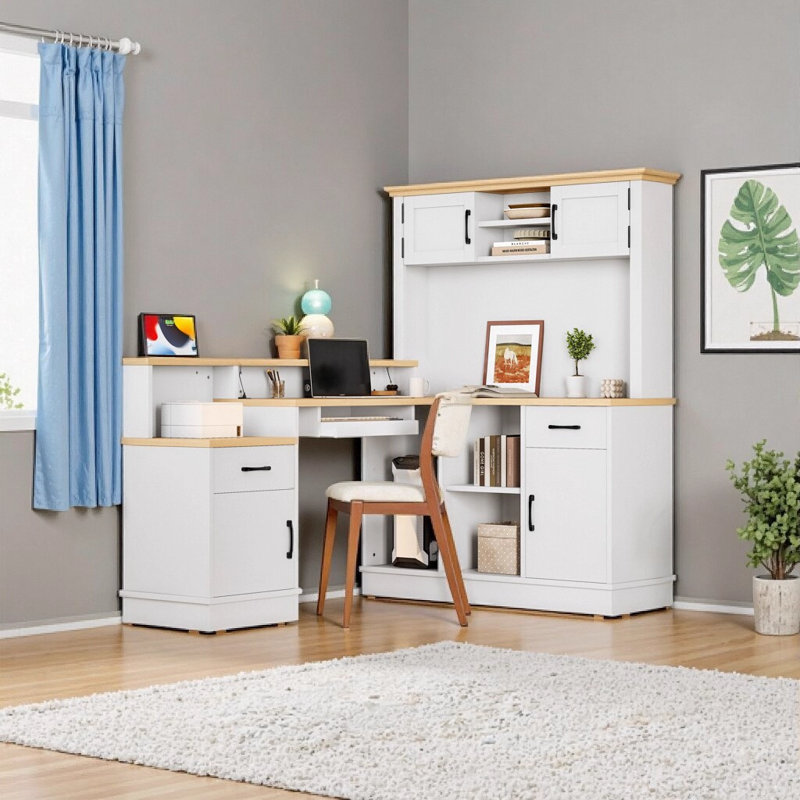 Bureau d'ordinateur en L avec prises intégrées, tiroirs et bibliothèque - Table d'écriture de coin de jeu moderne avec rangement, blanc