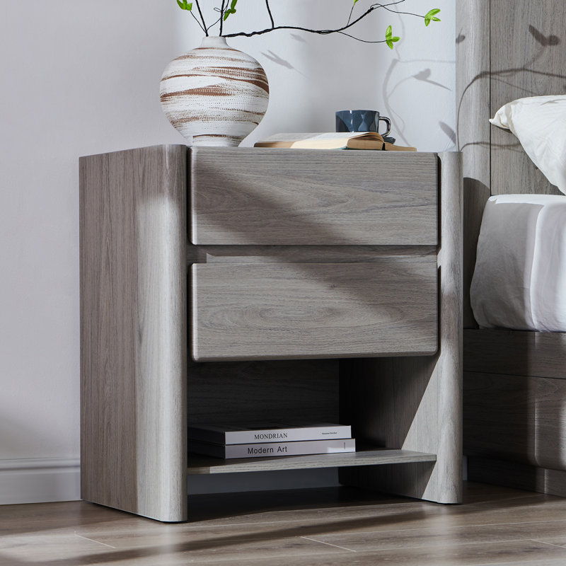 Table de chevet moderne de 25 po avec station de charge Bolanos, table de chevet en bois avec 2 tiroirs de rangement et tablette ouverte, conception d'angle arrondi pour la chambre à coucher