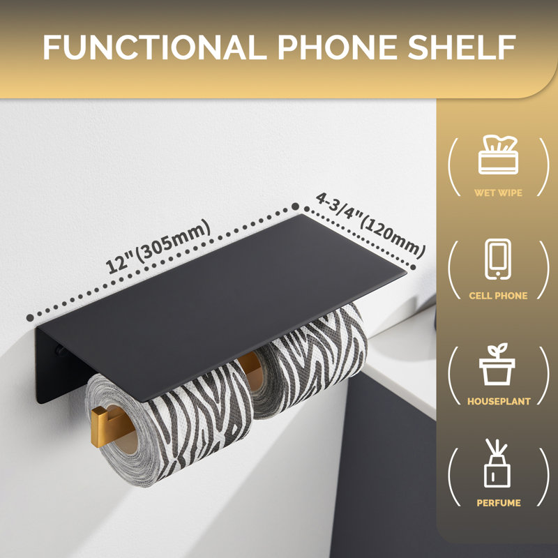 Porte-papier hygiénique mural double en acier inoxydable avec tablette pour téléphone, Noir et or
