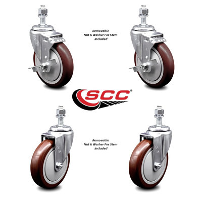 5 Inch SS Maroon Polyurethane Swivel 12mm Threaded Stem Caster Set 2 Brake