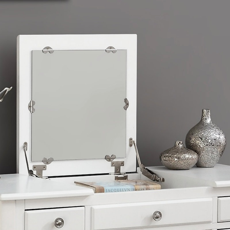 Classic Vanity Set W Stool Silver Color Drawers Open-Up Mirror Bedroom Furniture Unique Legs Cushion Seat Stool Vanity, White