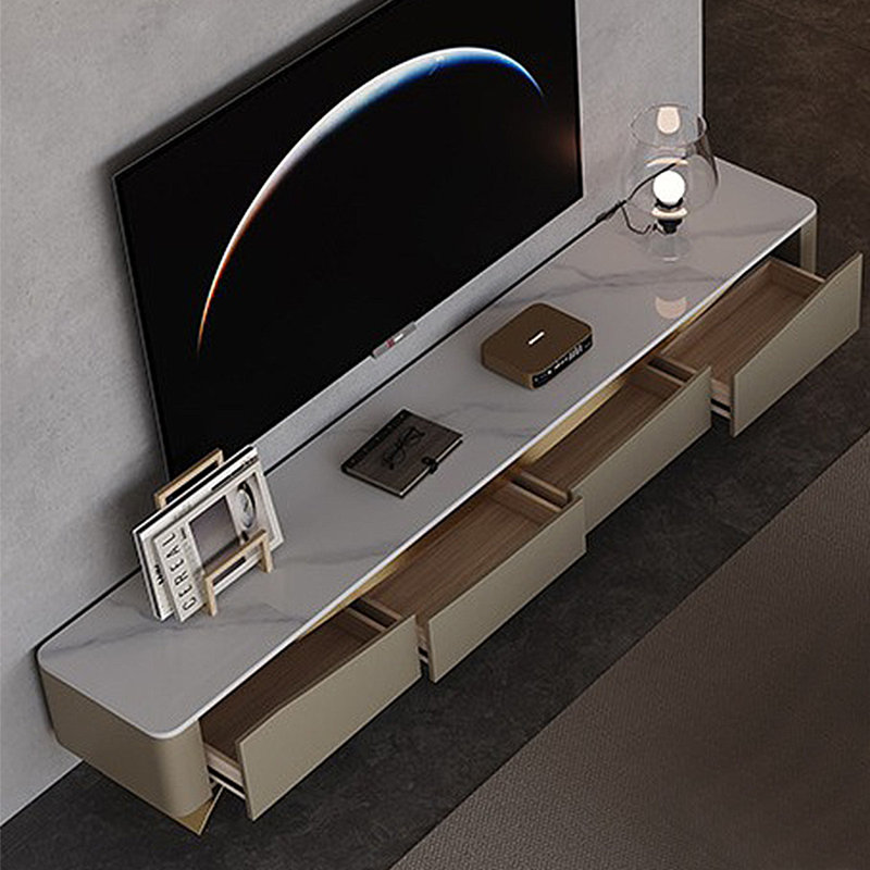 Meuble télé moderne et simple avec rangement en pierre frittée, H 15,35 po x L 86,61 po x l 15,75 po, Doré / Blanc