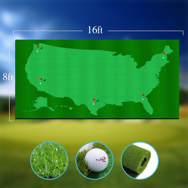 YUNIC 16 ft× 8 ft US Map Style Golf Putting Green, Golf Professional Indoor & Outdoor Practice Mat for Home, Office, Garage & Backyard Training