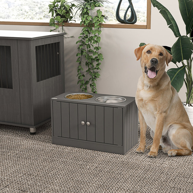 Accent Cabinet, Storage Cabinet With Large Elevated Dog Bowls, Gray