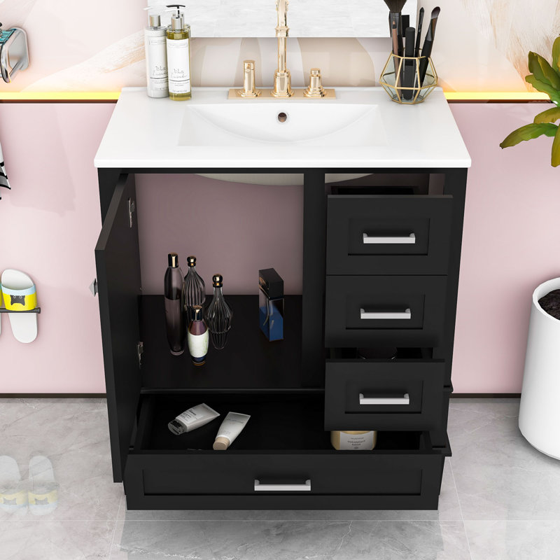 Armoire de meuble-lavabo 30 po à 3 tiroirs, Argent, Noir