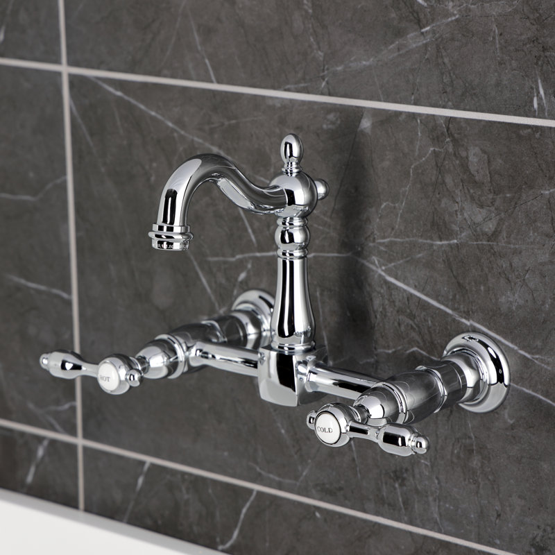 Kingston Brass Tudor Double-Handle 2-Hole Wall-Mount Bridge Kitchen Faucet, Polished Chrome