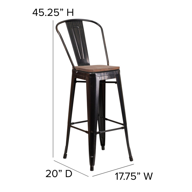 Margherite Modern Bistro Metal Dining Stool with Curved Vertical Slat Back and Wood Seat, Black-Antique Gold