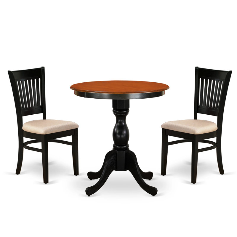 Ensemble de table de cuisine 3 pièces pour petits espaces comprenant une table de salle à manger ronde avec piédestal et 2 chaises en tissu de lin, noir et cerise